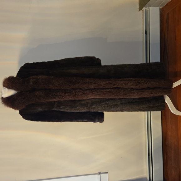 VTG Saga Tuxedo Mink Fur Full Length Coat With Fox Collar Trim Brown Medium - Picture 1 of 13
